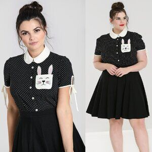 Miffy Blouse by Hell Bunny Polka Dot Blak & White Button Down Collared Sz M NWT
